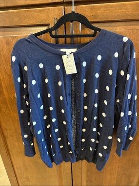1901 Navy and White Polka Dot Button-Up Cardigan